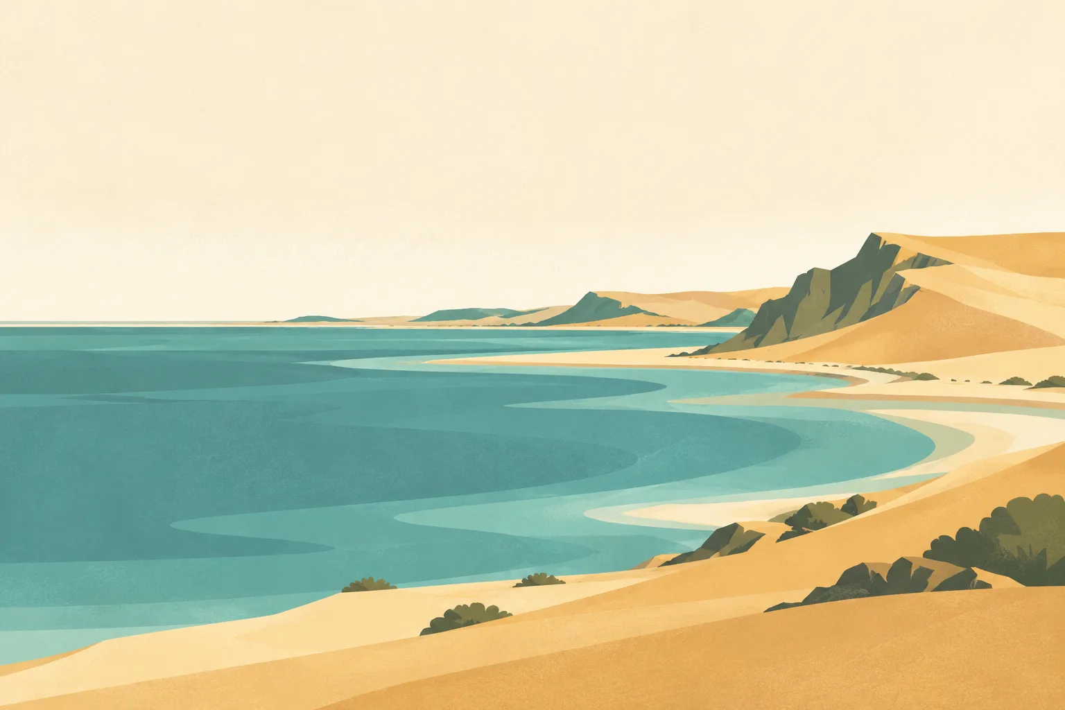 Editorial illustration: A broad ochre dune meeting the muted teal Atlantic lagoon near Dakhla, sparse desert foreground and open hazy sky.