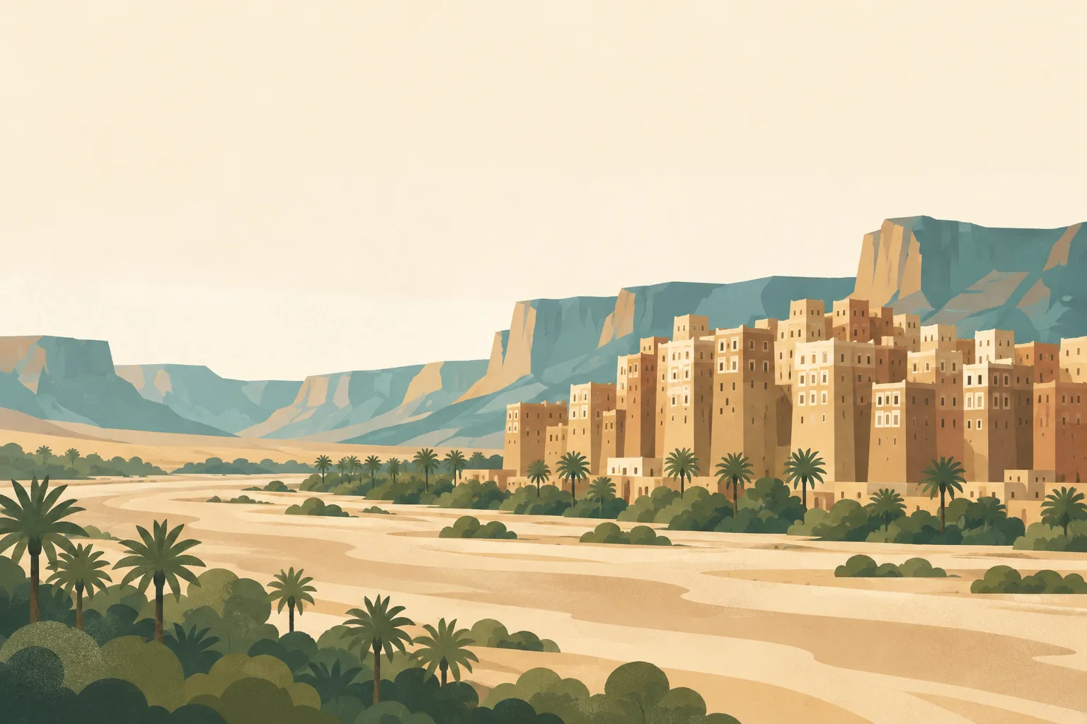 Editorial illustration: The old mud-brick tower houses of Shibam in Hadramaut with cream window borders, a broad tawny wadi and distant desert cliffs, no modern skyline.