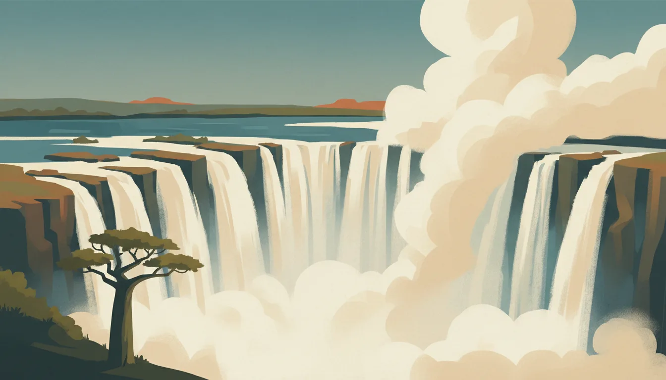 Editorial illustration of the wide curtain of Victoria Falls with its spray cloud, a baobab and the Zambezi.