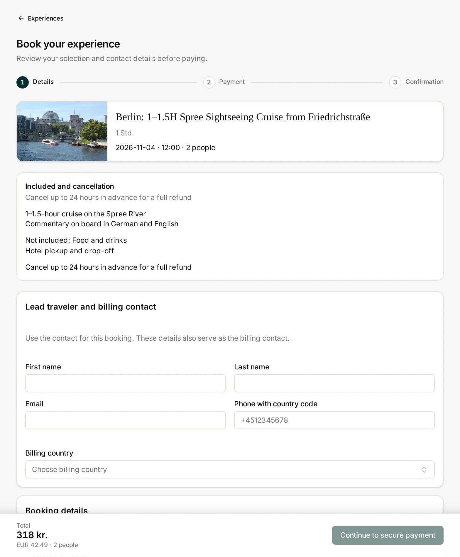 The Viamente Experience checkout showing the selected activity, date, participants and total before payment.