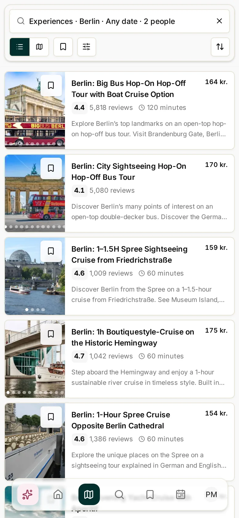 Experience search results in Viamente on a phone, with activity photos, reviews and starting prices.