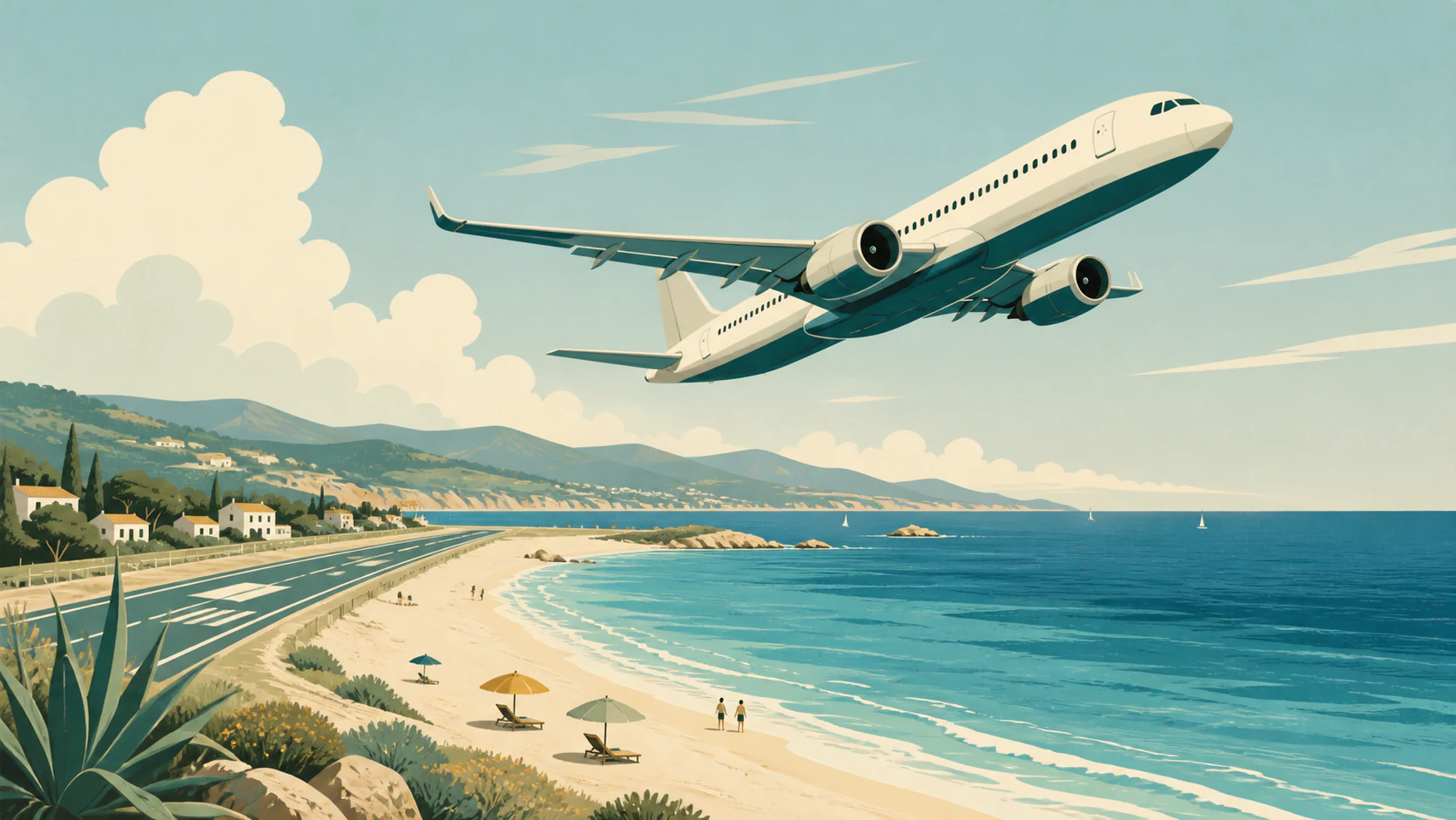 A flat travel illustration of a passenger aircraft over a coastal road, beach and turquoise sea.