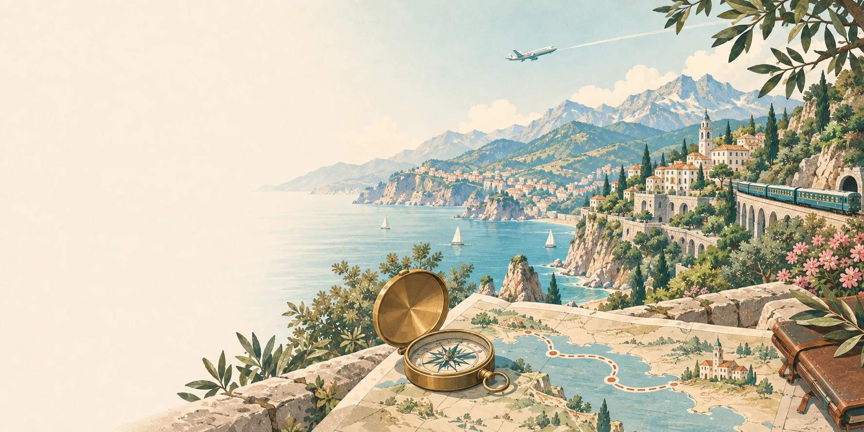 An illustrated coastal journey with a map, compass, train and airplane.