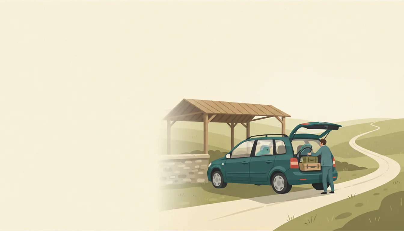 An editorial illustration of a teal estate car at a quiet countryside pick-up shelter, tailgate open, with suitcases being loaded and a road winding into soft hills.