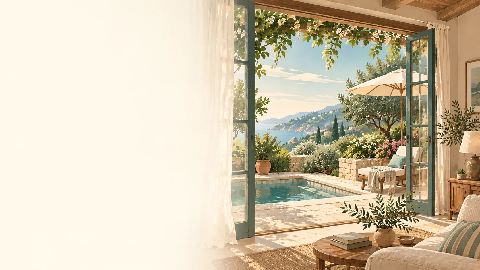 An editorial illustration looking from a warm villa interior through open doors onto a small pool and lush coastal garden.