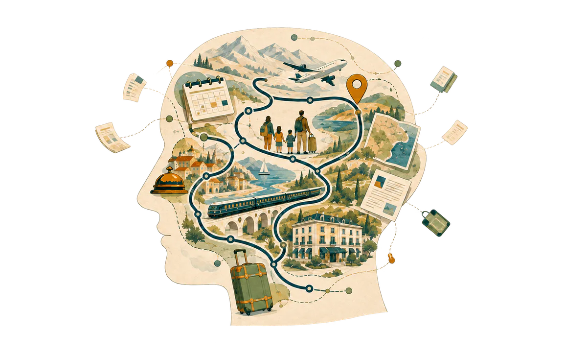 A profile of a traveller carrying flights, rail, stays, dates, documents and family needs in their head, connected by one route.