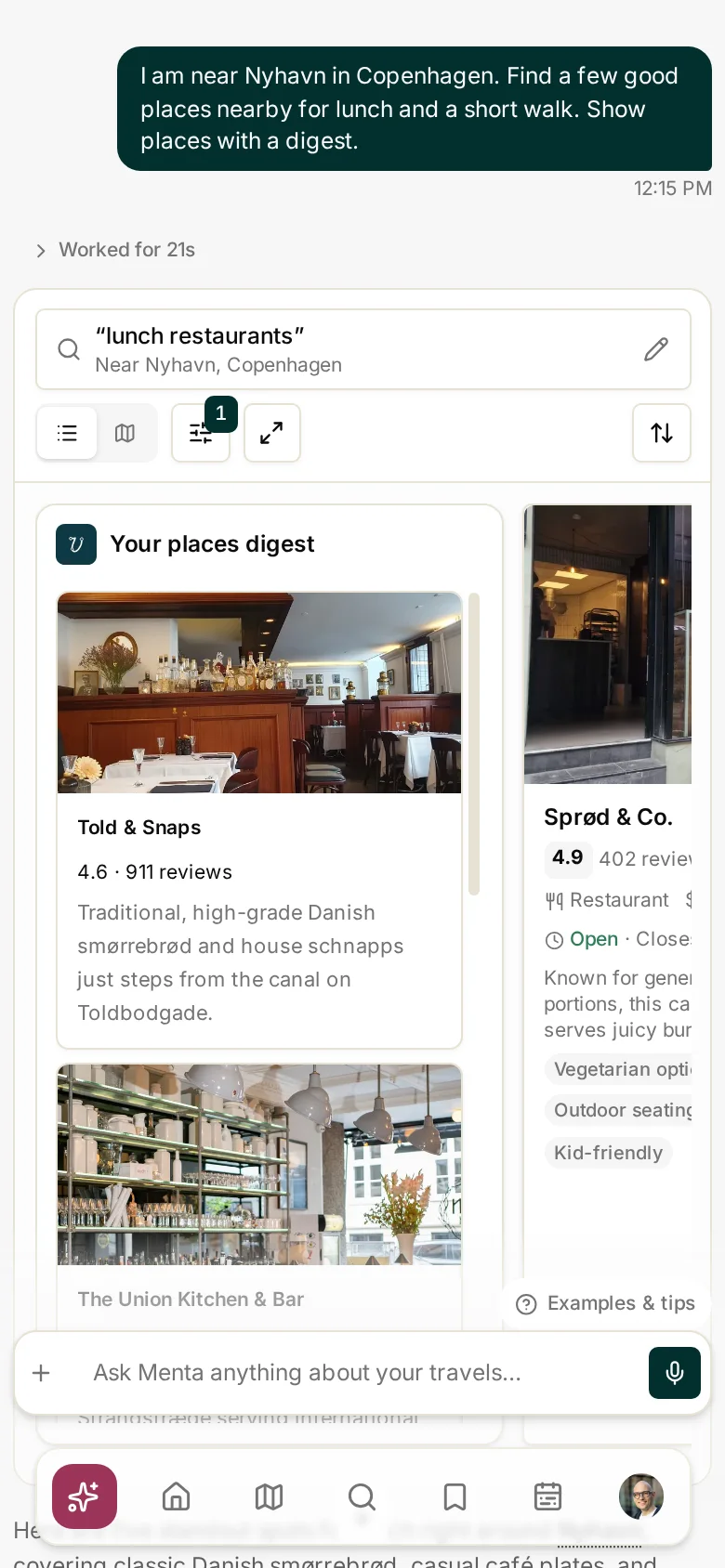 Menta on a phone recommending places around Nyhavn, with an inline places digest and results.