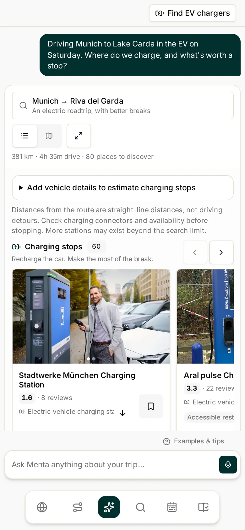 Viamente on a phone: Menta answers an EV road-trip question with charging stops along the drive.