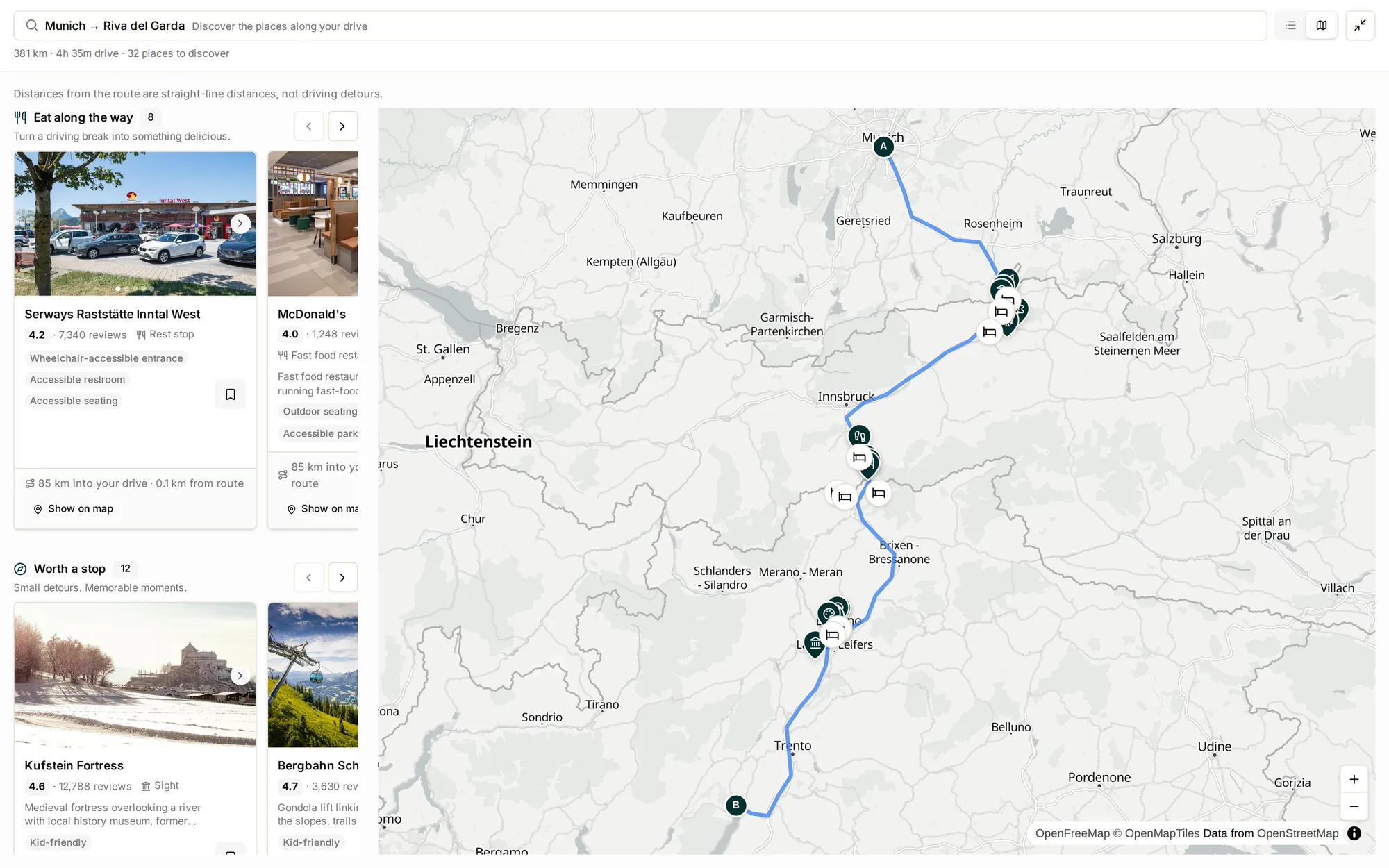 Viamente on desktop: the drive from Munich to Riva del Garda on a map, with restaurants and sights to stop at along the route.