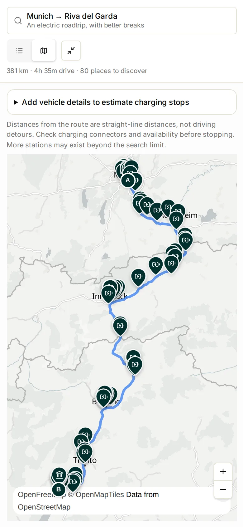 Viamente on a phone: the route map from Munich to Riva del Garda with charging stops along the way.